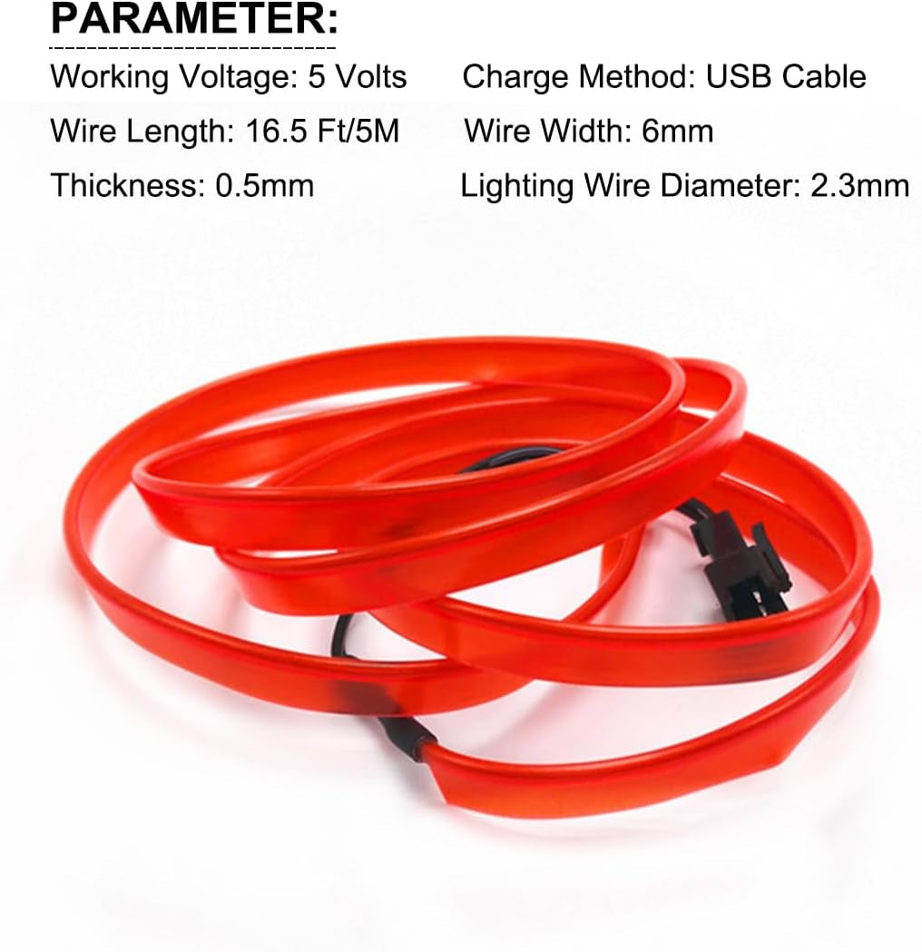 EL Wire Interior Car LED Strip Lights, USB Neon Glowing Strobing Electroluminescent Wire Lights with 6Mm Sewing Edge, Ambient Lighting Kits for Cars Garden Decorations (5M/16.5FT, Red)