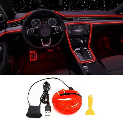 EL Wire Interior Car LED Strip Lights, USB Neon Glowing Strobing Electroluminescent Wire Lights with 6Mm Sewing Edge, Ambient Lighting Kits for Cars Garden Decorations (5M/16.5FT, Red)