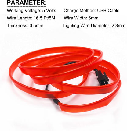 EL Wire Interior Car LED Strip Lights, USB Neon Glowing Strobing Electroluminescent Wire Lights with 6Mm Sewing Edge, Ambient Lighting Kits for Cars Garden Decorations (5M/16.5FT, Red)