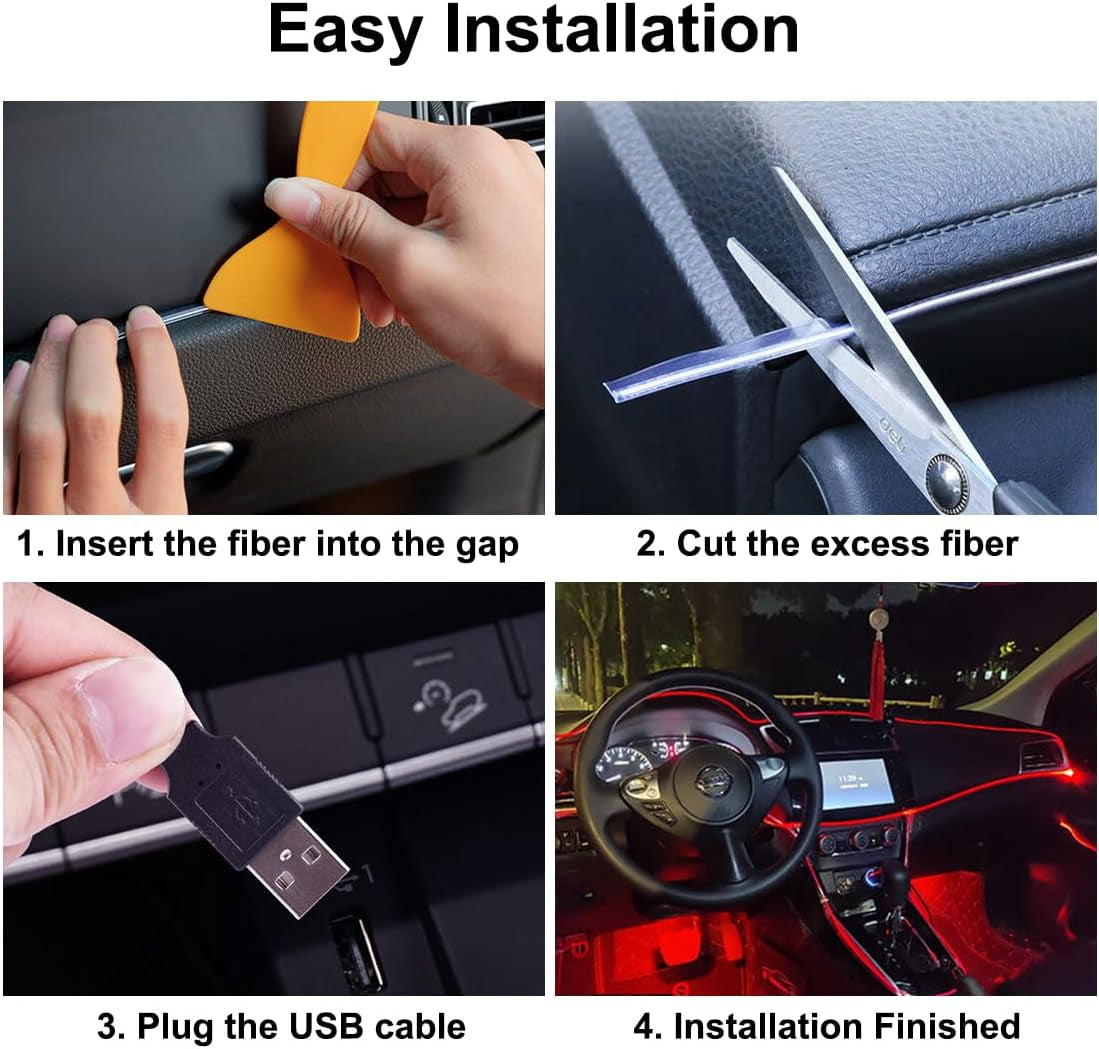 EL Wire Interior Car LED Strip Lights, USB Neon Glowing Strobing Electroluminescent Wire Lights with 6Mm Sewing Edge, Ambient Lighting Kits for Cars Garden Decorations (5M/16.5FT, Red)
